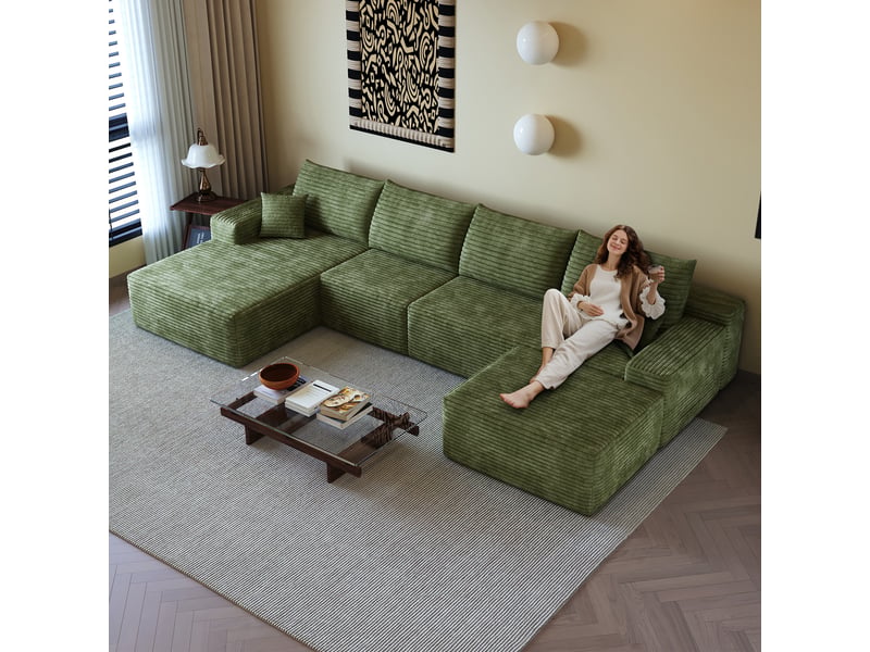  Canapé d'angle, canapé modulable, livré monté, design moderne, 340 cm, pour salon, chambre, appartement, assise profonde, vert  - Conforama C