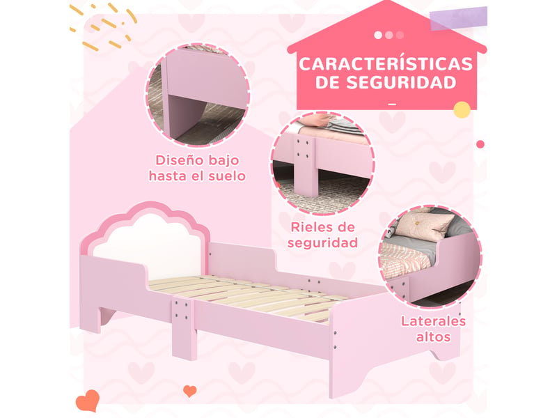  Lit enfant simple 70x140 cm rose avec barrières latérales, tête de lit nuage et sommier à lattes  - Conforama W