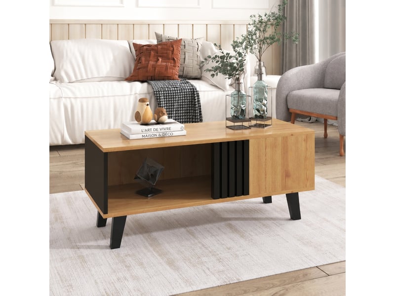  Table basse effet bois et noir avec rangements ouverts, 100 x 60 x 45 cm  - Conforama B