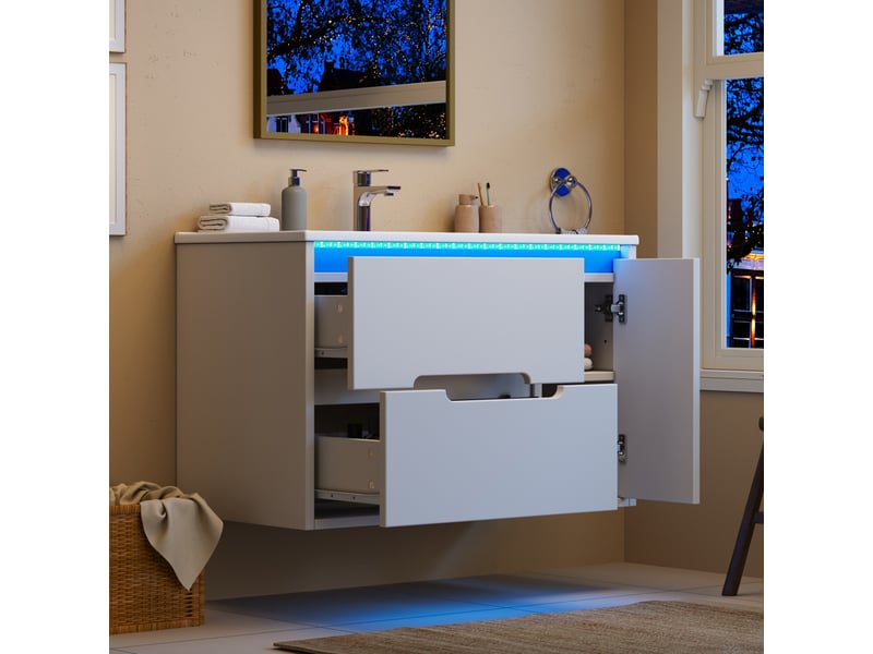 Meuble sous-vasque suspendu 81 cm avec vasque céramique, façade ondulée, led, blanc - Conforama C