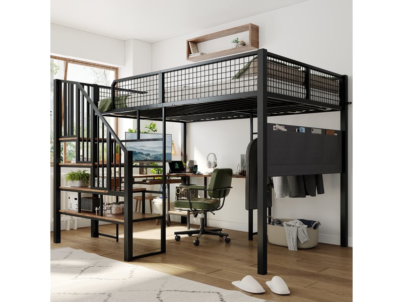  Lit mezzanine 140 x 200 cm en métal, bureau d’angle en l, escalier, tablette clavier, port de charge, poche latérale, noir evarich - Conforama B