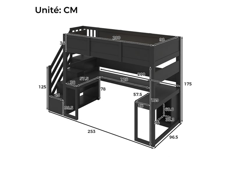  Lit mezzanine gaming 90x200 noir avec bureau, led, usb et escalier rangement  - Conforama C