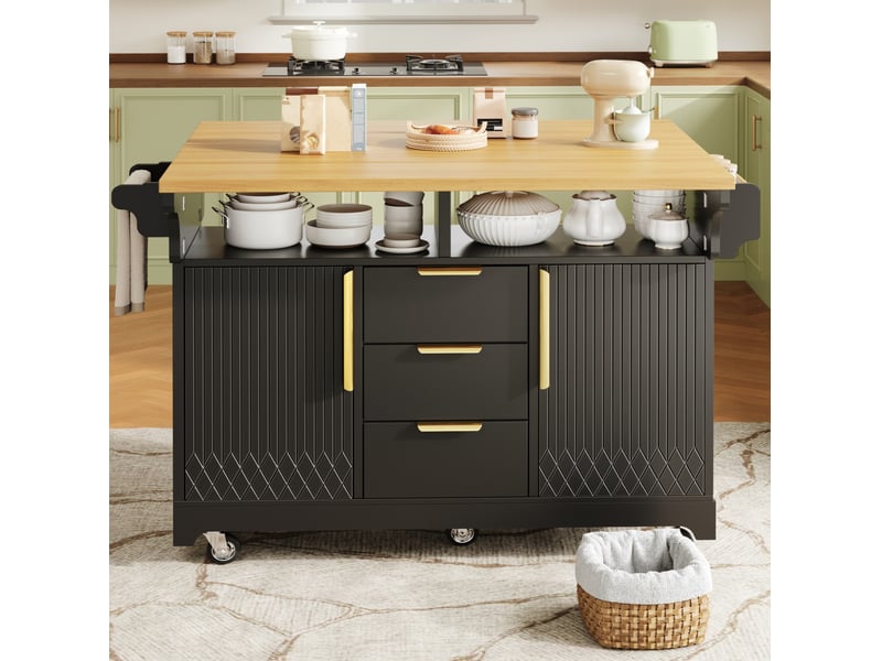  Îlot de cuisine 120x40x95 cm extensible avec rangements, noir et effet bois  - Conforama D