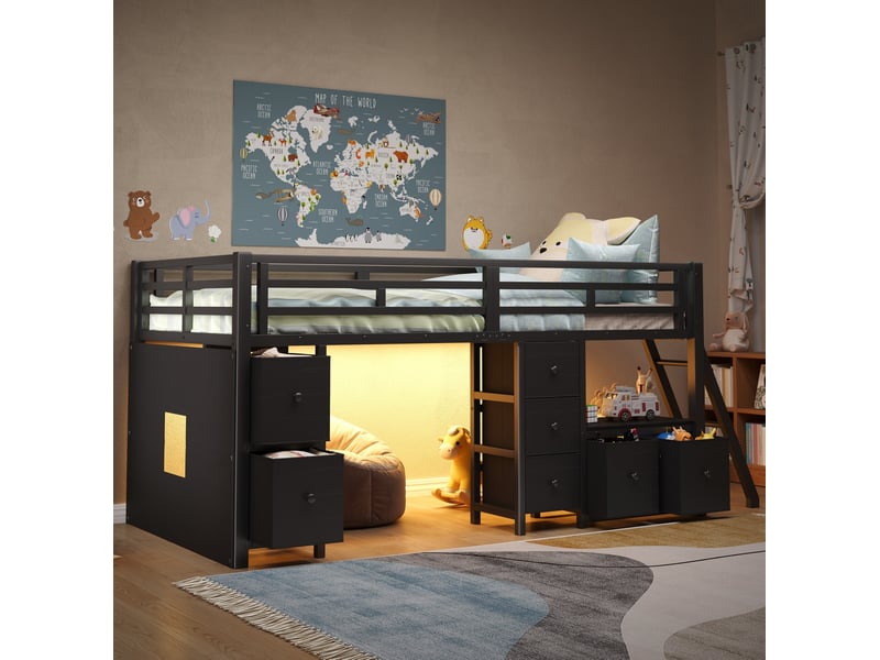  Lit surélevé 90x200 cm équipé de 7 tiroirs, de barrières de sécurité, de rangements, d'éclairage led et d'échelle, noir, sans matelas  - Conforama B