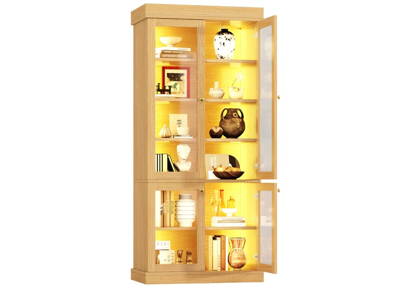 Armoire de rangement à led multicolore, anti-basculement, mdf et verre, bois naturel 160 × 40 × 180 cm  - Conforama A