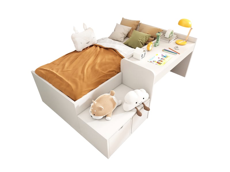  Modenvie lit enfant 90x200 cm - avec bureau, 2 tiroirs, sommier inclus, sans matelas - blanc  - Conforama A