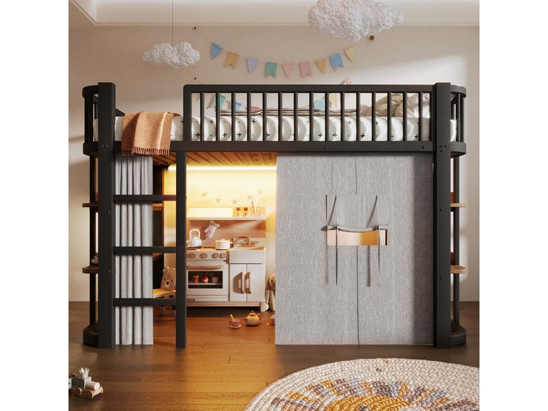 Lit mezzanine enfant 90x200 cm en métal avec rideaux occultants, lit haut niveau inférieur modulable, éclairage led, lit gain de place, noir Seren Glow - Conforama D