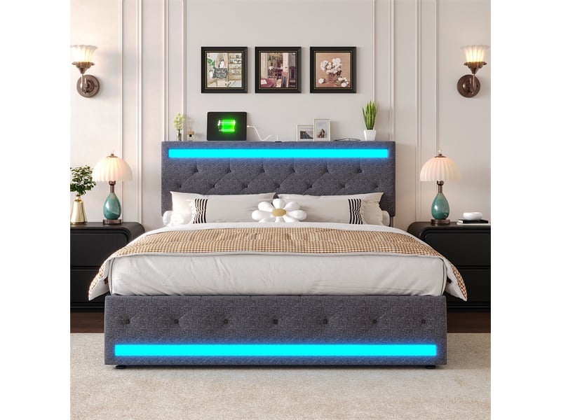  Lit 140x190cm - lit double 140x190cm avec 4 tiroirs - lit adulte rembourré en lin led prises usb type-c et sommier - gris  - Conforama C