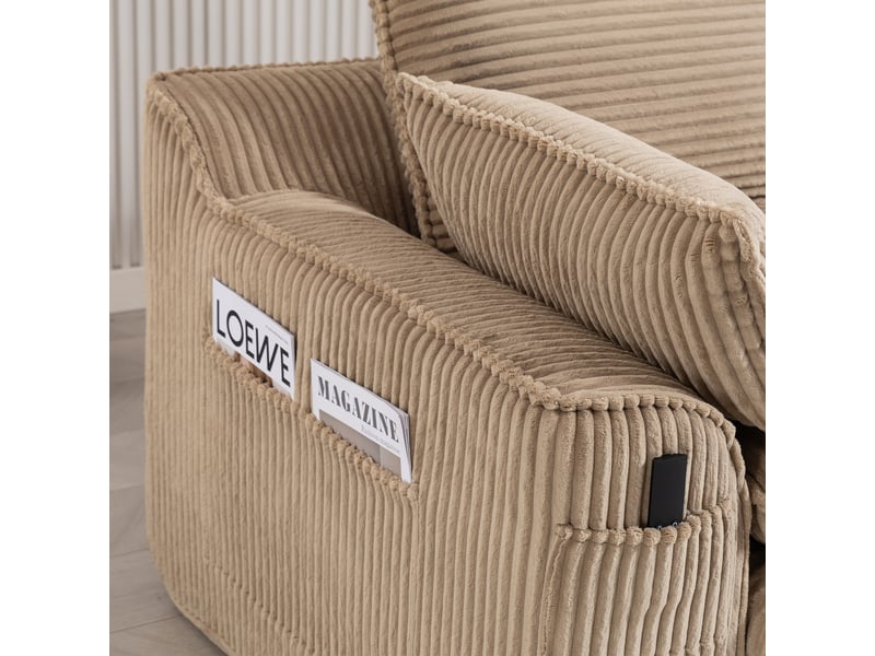 Canapé 2 places en velours côtelé kaki avec poches latérales et coussins pour salon et bureau - Conforama W