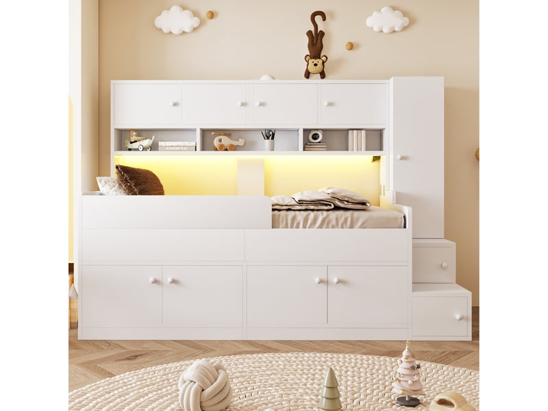  Lit mezzanine enfant 90x200 en bois, armoire et rangement, étagères multiples, éclairage led,blanc  - Conforama C