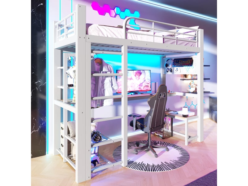  Lit superposé 90x200 cm, lit enfant, rangement, escalier avec rangement, led, bois et métal blanc  - Conforama D