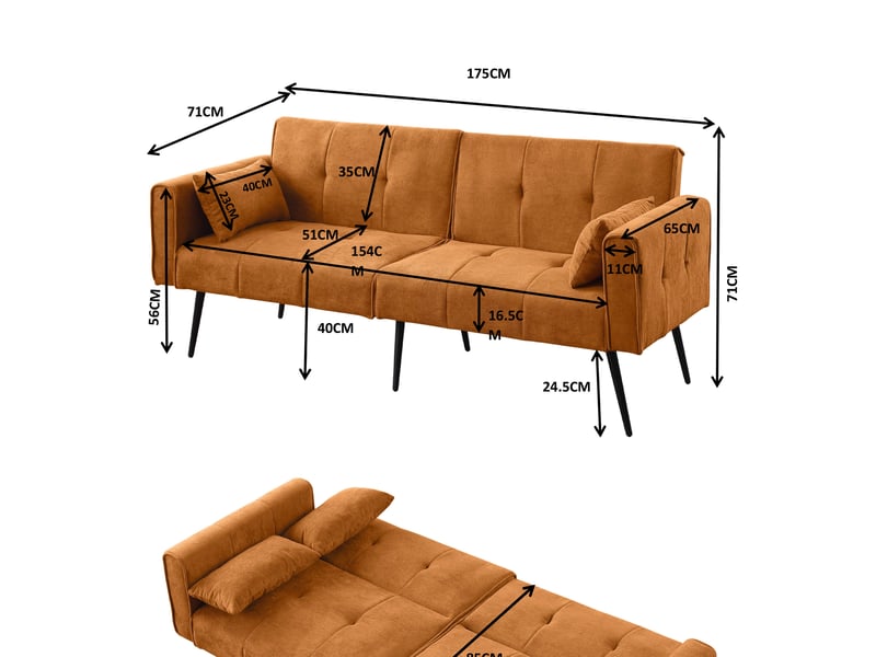  Canapé-lit 3 places modenvie pliable et modulable en velours côtelé orange 175 x 71 x 71 cm  - Conforama C