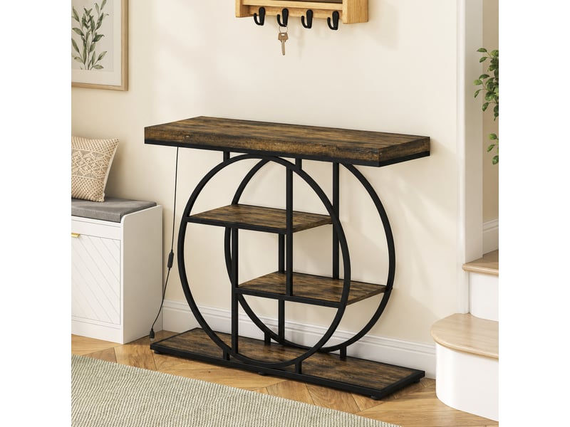  Console meuble avec éclairage led 100 cm, marron rustique et noir, table console à 4 niveaux avec étagères ouvertes  - Conforama D
