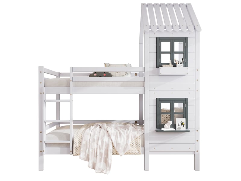  Lit superposé enfant 90x200 cm – blanc et gris – fenêtres ouvrantes, échelle avec main courante – sans matelas  - Conforama A