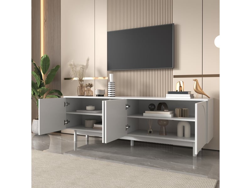  Meuble tv avec 4 portes et étagères réglables pour salon 175×38×56 cm en panneaux de particules blanc  - Conforama B
