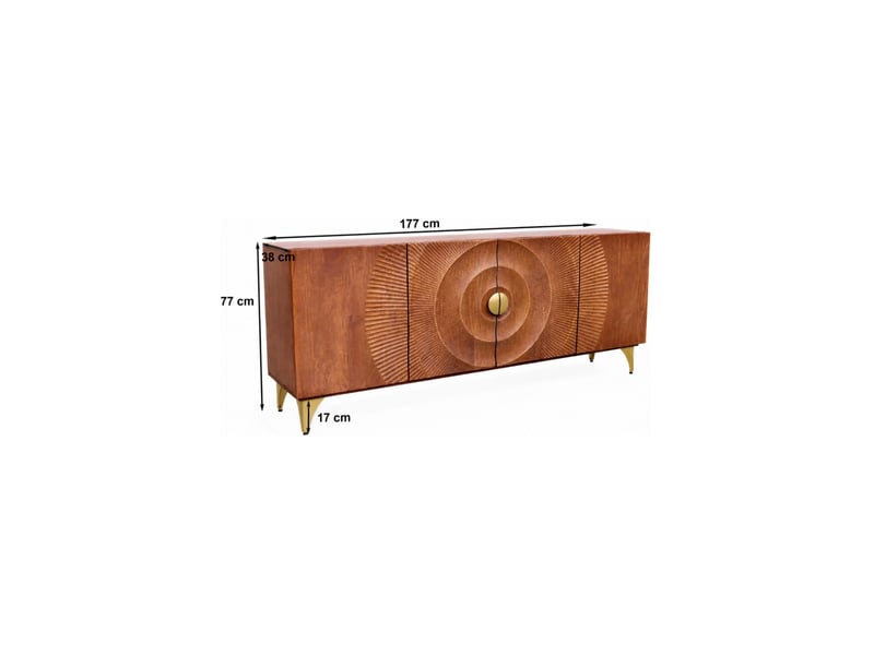Buffet solaris 177 cm en bois massif de manguier – 4 portes sculptées motif solaire et pieds dorés - Conforama C