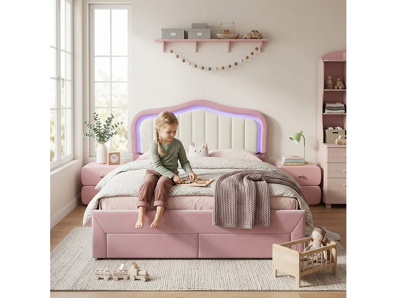  Lit enfant 140x200 cm, lit double avec 2 tiroirs et led contrôlée par application couleur rose sans matelas, moderne  - Conforama B