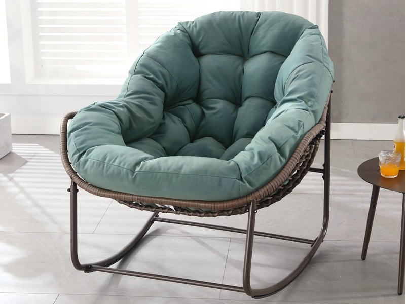  Cocon -  fauteuil à bascule en rotin naturel - forme œuf et coussin vert - confortable pour salon, véranda ou chambre  - Conforama B