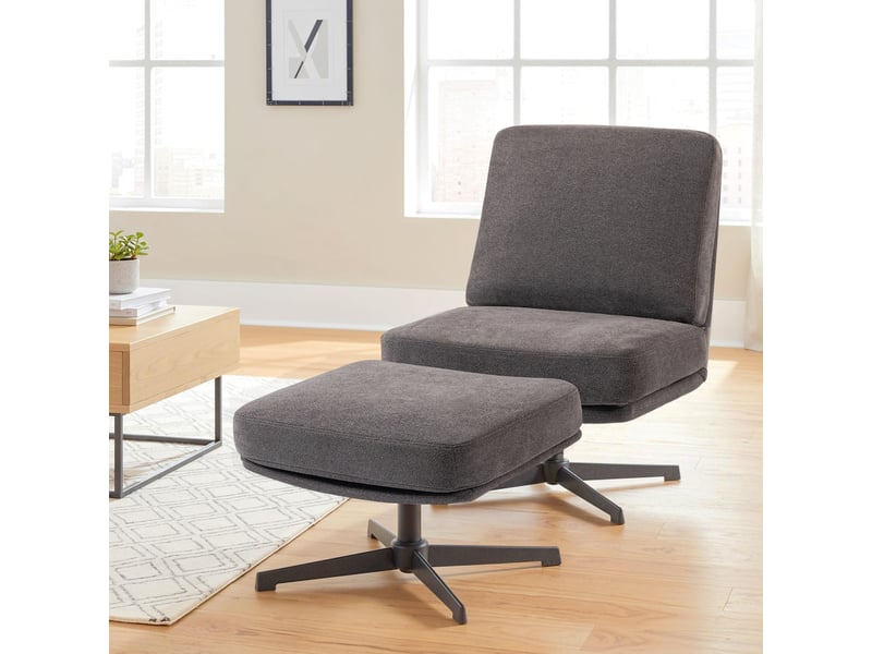  Fauteuil avec repose-pieds, fauteuil pivotant aspect lin pour salon, gris foncé  - Conforama D
