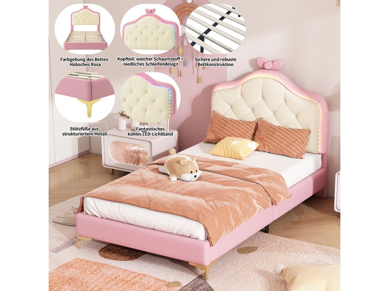 Lit enfant 90x200 cm rembourré avec tête de lit led multicolore-design ondulé avec nœud décoratif-sommier à lattes-pu rose - Conforama D