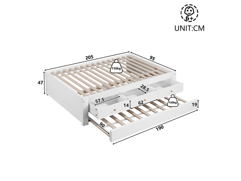 Lit double 90x200 cm - avec lit gigogne 90x190 cm et 3 tiroirs - sommier à lattes - mdf+pin - blanc (sans matelas) - Conforama C