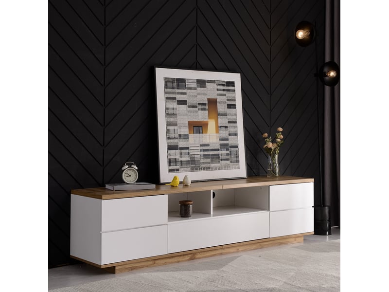  Meuble tv modenvie 180 x 38 x 46 cm en mdf blanc et décor bois avec 5 portes  - Conforama E