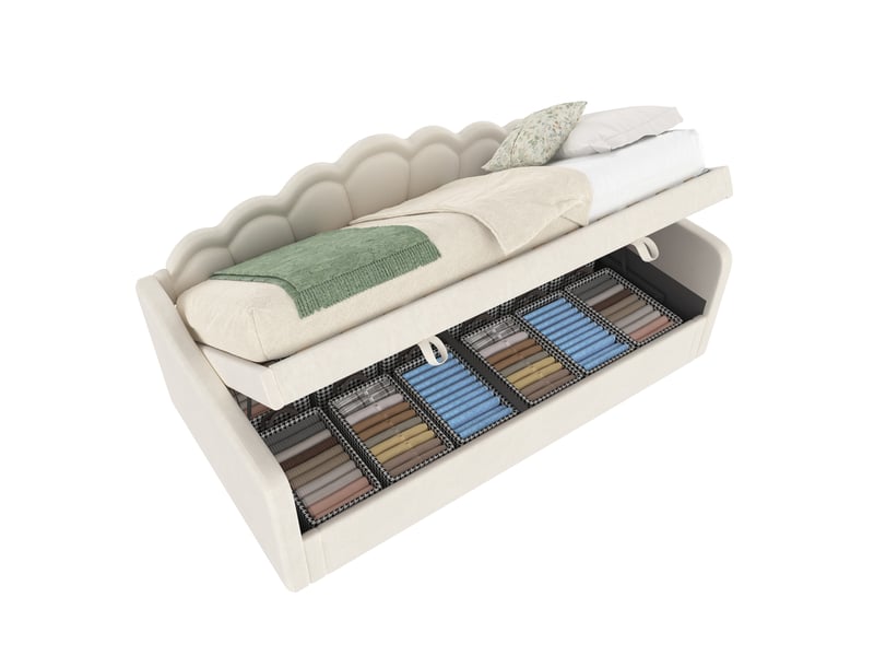  Lit de repos 90x200 en velours beige, canapé-lit avec coffre et éclairage led, 98x214x87cm  - Conforama A
