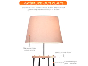 Lampadaire design contemporain dim. 40l x 40l x 160h cm 40 w max. 3 étagères intégrées bois massif pin métal lin noir beige