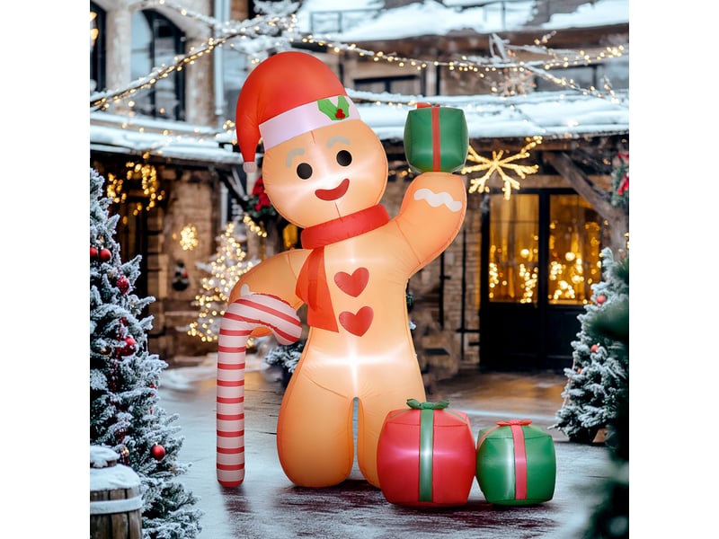  Bonhomme en pain d'épice avec canne de noël, 2,45 m de haut, gonflable, éclairage led blanc, 170 x 100 x 245 cm  - Conforama C