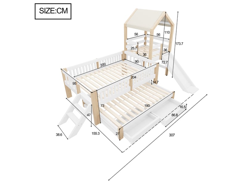  Lit gigogne 90x190 cm - lit cabane enfant 90x200 cm avec toboggan - escalier, tiroirs et toit en tissu - blanc  - Conforama C