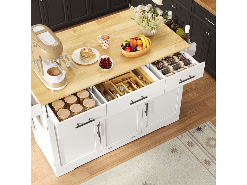  Desserte de cuisine mobile avec 3 tiroirs, poubelle, plateau rabattable et prises en mdf blanc naturel 136 × 75 × 92 cm  - Conforama E