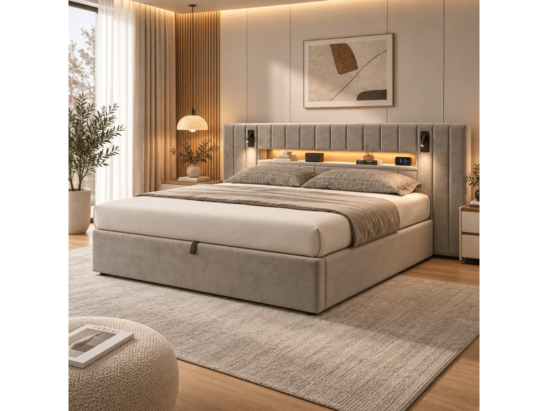  Lit coffre rembourré 180 x 200 cm, port usb, éclairage led, lampe de chevet, espace de rangement, velours, gris Bliss Lite - Conforama B