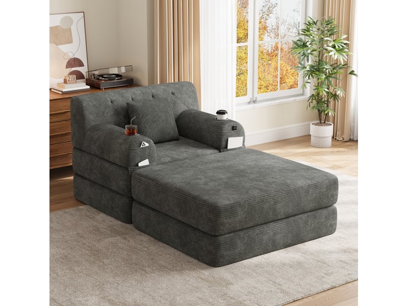  Fauteuil convertible 1 place avec pouf, 4 poches et 2 porte-gobelets en velours côtelé gris foncé  - Conforama D