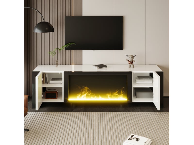  Meuble tv 165 cm avec cheminée électrique décorative sans chauffage, blanc et noir  - Conforama E