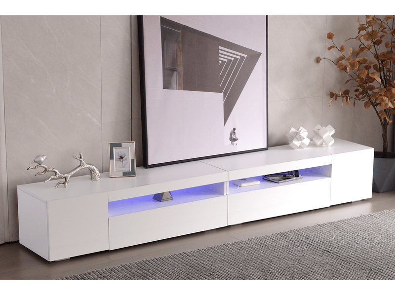  Meuble tv contemporain 240cm, design blanc moderne avec panneau lumineux et éclairage led meuble tv avec rangement  - Conforama A