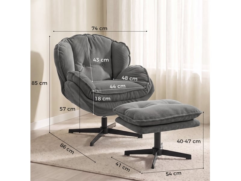 Fauteuil relax pivotant à 360° avec repose-pieds réglable en hauteur et dossier rembourré en chenille grise - Conforama C
