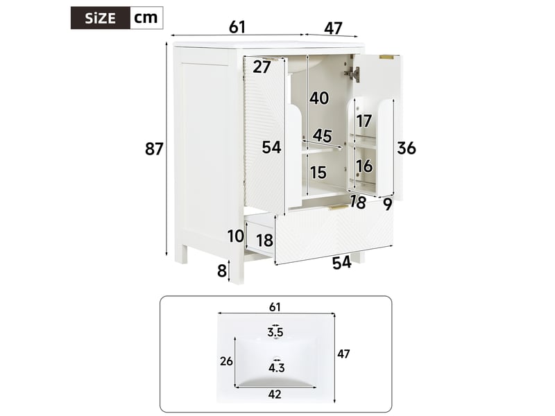 Meuble vasque de salle de bain 61x47x87 cm – blanc – rangement multi-zones avec lavabo céramique et soft-close - Conforama C