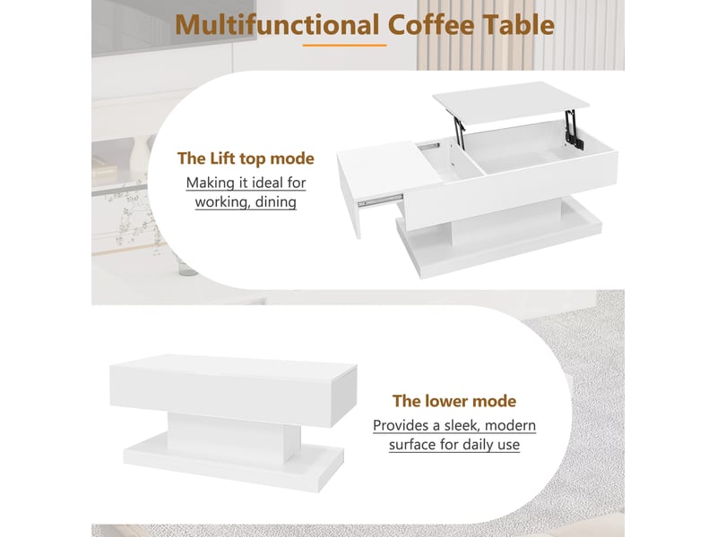  Table basse 100x50x45 cm rectangulaire, rangement caché, led, plateau relevable et coulissant, pour salon, pb, blanc  - Conforama E
