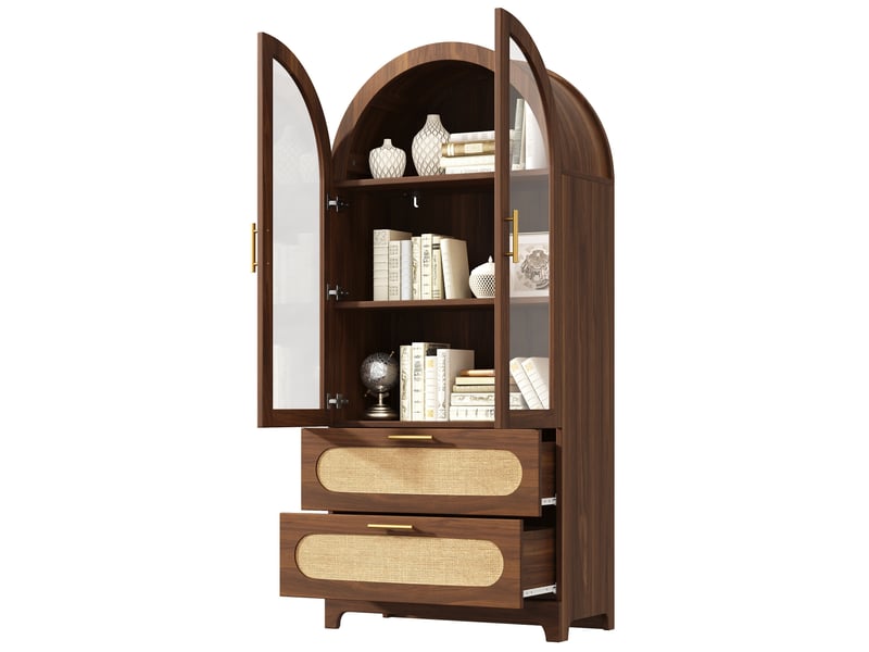  Meuble de cuisine muvano, vitrine avec portes en verre, effet noyer, 2 tiroirs, 80 × 40 × 175 cm  - Conforama C