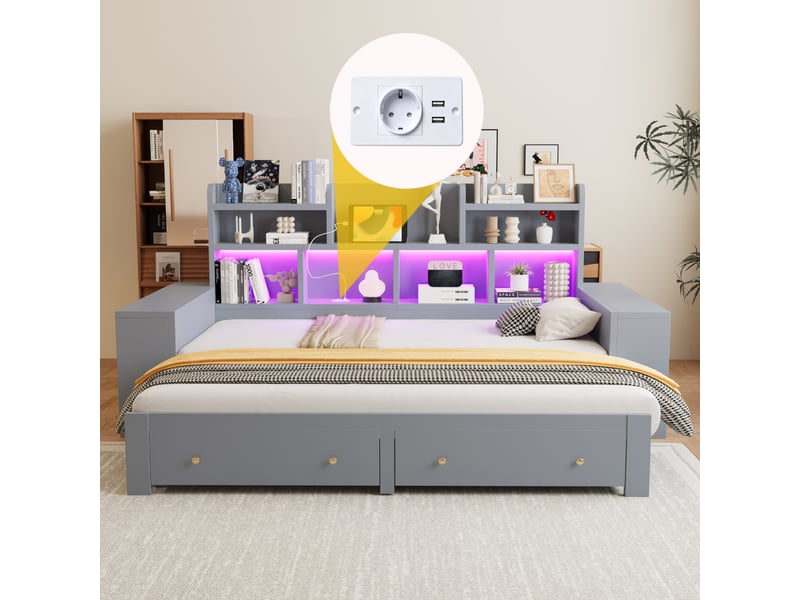  Canapé-lit convertible 90/180x200 cm, rangements multiples, led et prise, gris, sans matelas  - Conforama E