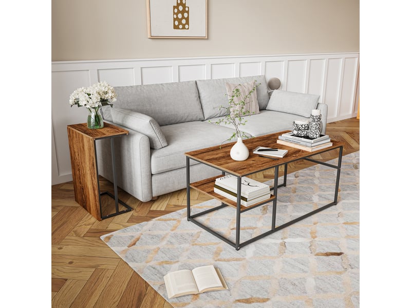Table basse gigogne 10560cm bois et noir - design moderne avec plateau effet bois et étagère de rangement - Conforama E