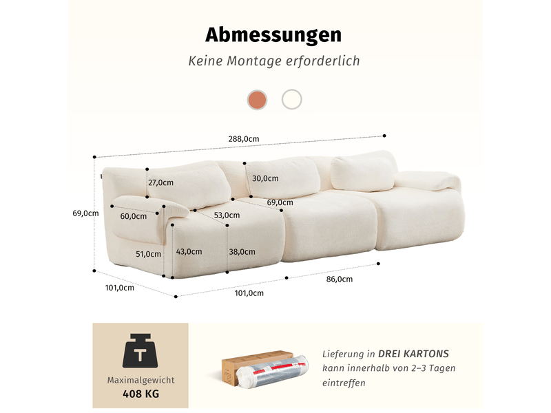  Canapé droit modenvie 3 places design ondulé en chenille blanc 288 x 101 x 69 cm  - Conforama C