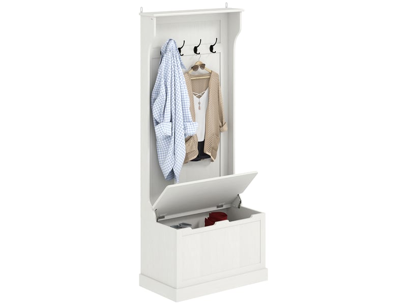  Porte-manteau avec banc de rangement pour chaussures, 4 crochets, style moderne, 71,5 x 39,5 x 170 cm, blanc  - Conforama B