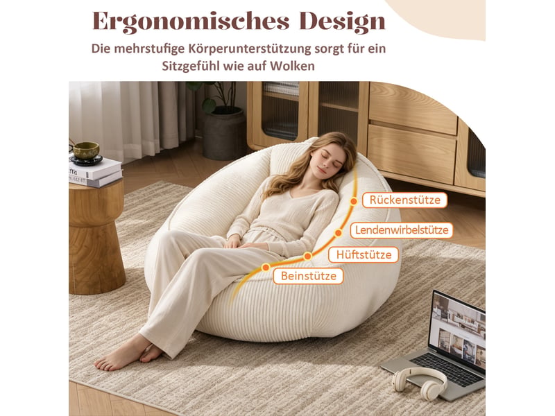  Fauteuil pouf avec dossier ergonomique et mousse à mémoire de forme, en velours côtelé beige, 90 × 90 × 59 cm  - Conforama D