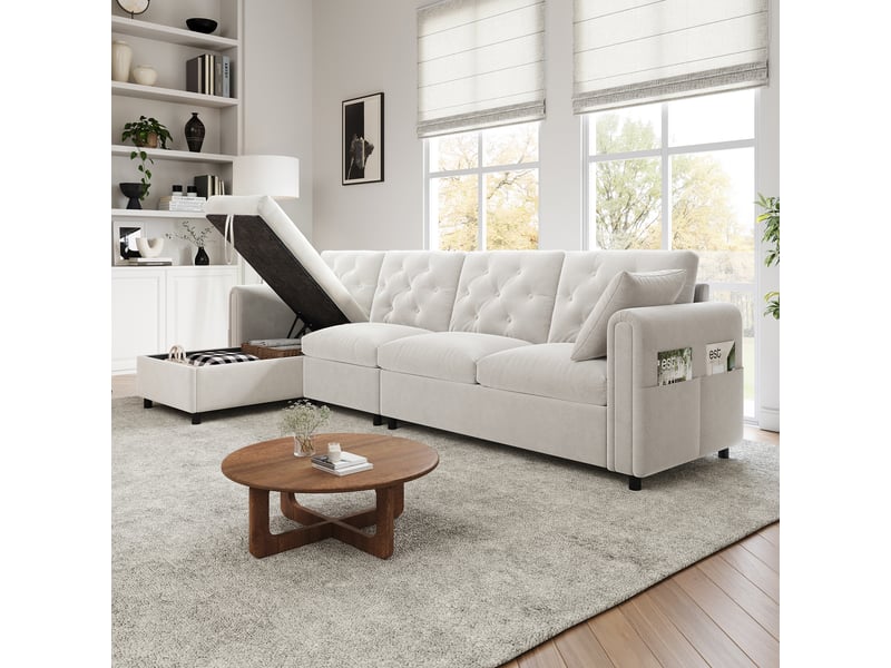  Canapé d'angle, canapé velours — avec rangement, 281 × 86 × 71 cm, beige, en velours  - Conforama R
