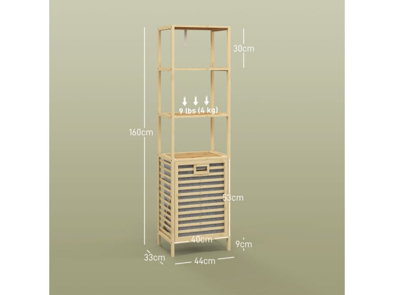  Étagère salle de bain bambou naturel 44x33x160 cm avec 3 niveaux, panier tissu et anti-basculement  - Conforama C