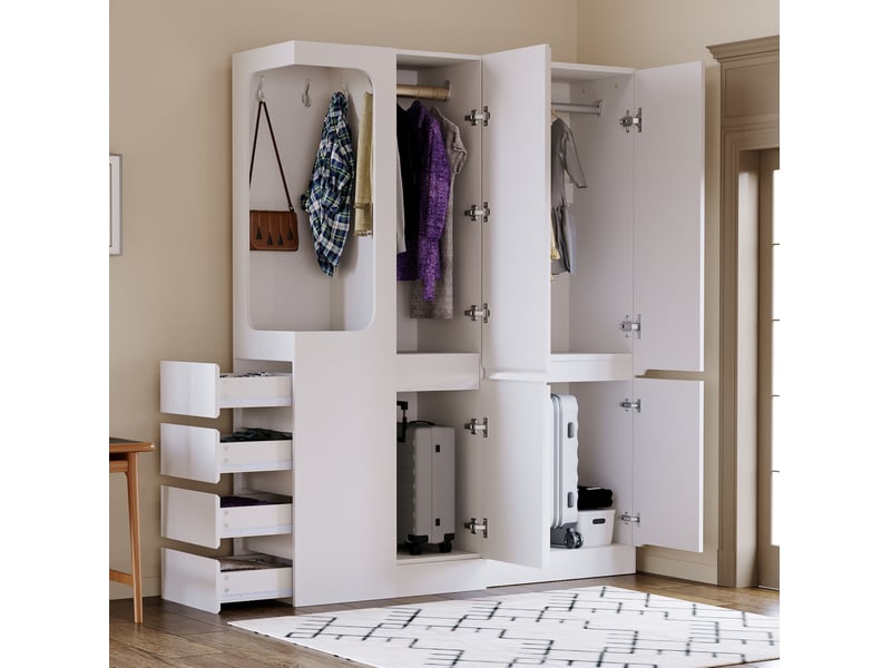  Armoire grande capacité 140x40x170 cm, penderie ouverte, 4 tiroirs et multiples compartiments, bois, couleur blanc  - Conforama E