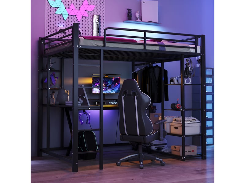  Lit superposé métal noir 140x200 cm – échelle, bureau intégré, penderie et étagères  - Conforama B