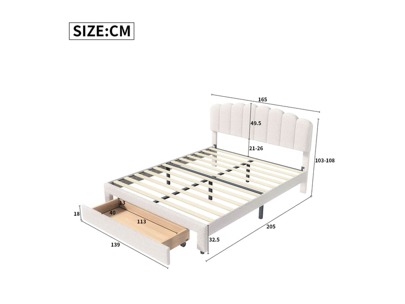  Lit 160x200cm avec grand tiroirs tête de lit rembourré double lit 2 personnes lit adulte lit capitonné lit coffre lit fonctionnel cadre de lit avec chargement usb type-c - tissu sherpa - beige - velours teddy - chambre ado- somm…  - Conforama R