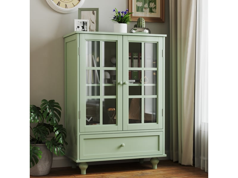  Buffet minimaliste avec deux portes en verre et tiroirs, meuble d'appoint en bois moderne pour salon salle à manger entrée, vert menthe  - Conforama B